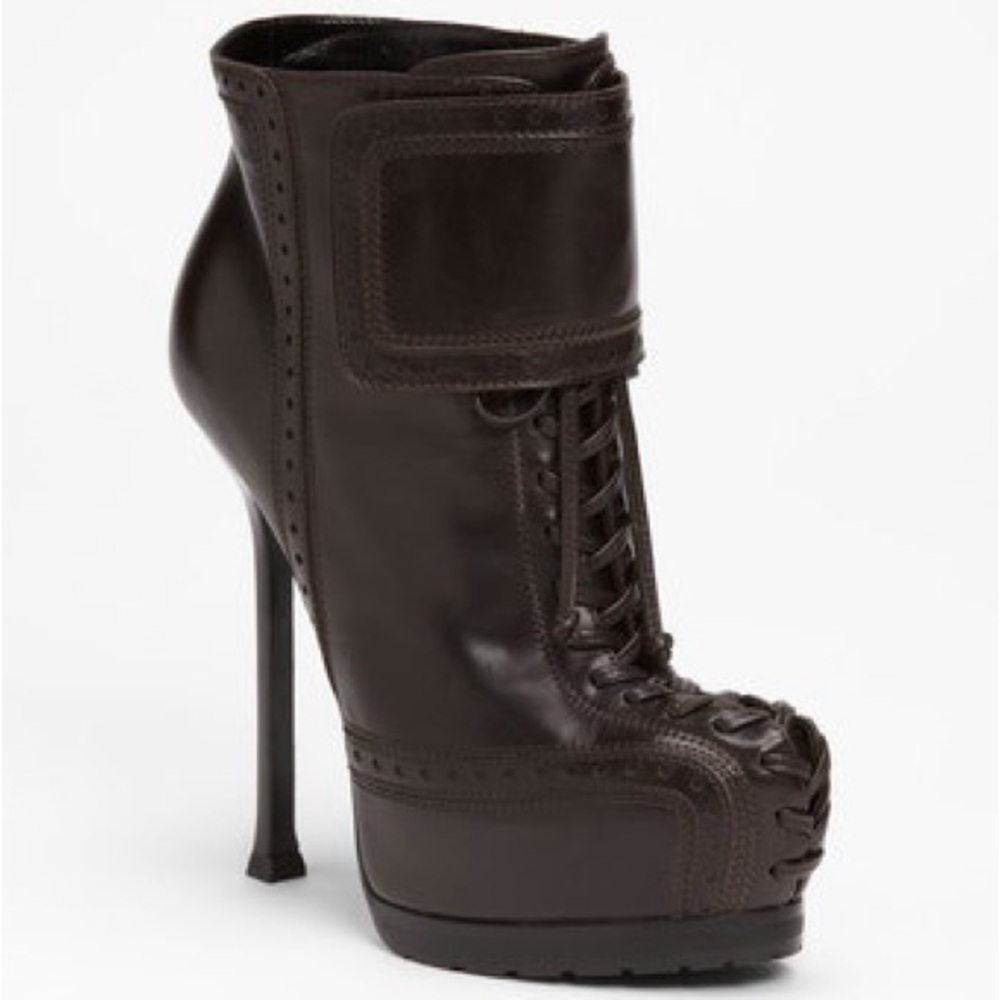 Auth YSL TRIBTOO Platform Leather Heels Boots Lace Up